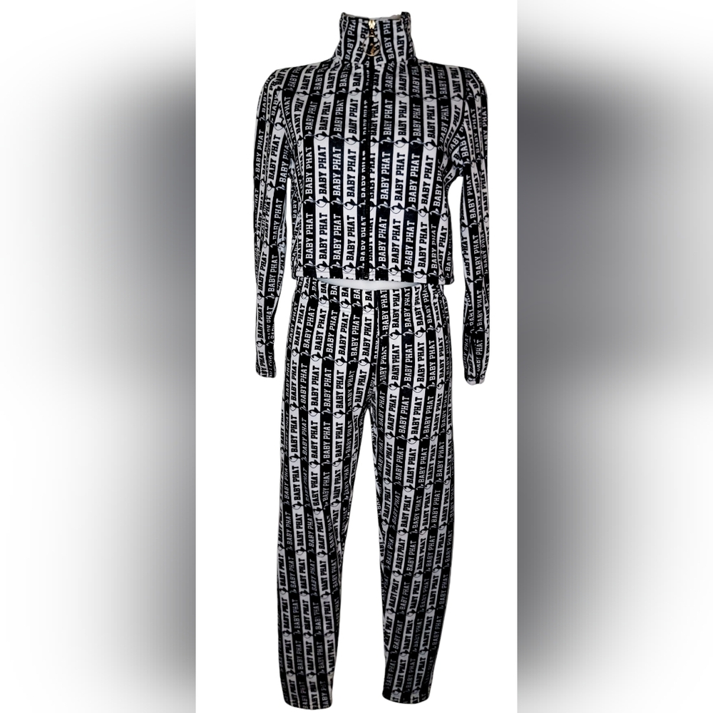 RARE Vtg Y2K Baby Phat Sz S Black White Logo Printed Crop Top Jacket Pants Set